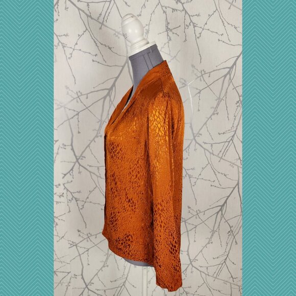 Babaton Orange Snakeskin Button Front V-Neck Power Blouse Career Feminine - Picture 2 of 4